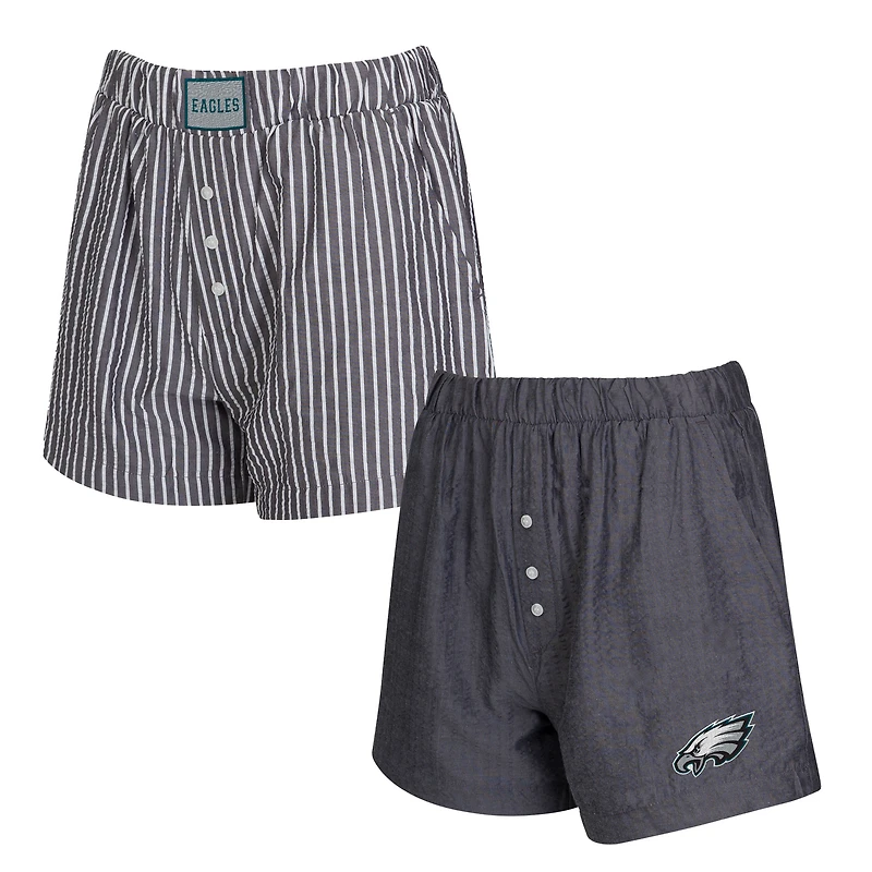 Women's Concepts Sport Charcoal Philadelphia Eagles Two-Pack Stripes and Solids Boxer Shorts Set
