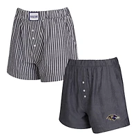 Women's Concepts Sport  Charcoal Baltimore Ravens Two-Pack Stripes and Solids Boxer Shorts Set
