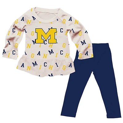 Girls Infant Wes & Willy Oatmeal Michigan Wolverines Ruffle Raglan Long Sleeve T-Shirt Leggings Set