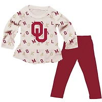 Girls Infant Wes & Willy Oatmeal Oklahoma Sooners Ruffle Raglan Long Sleeve T-Shirt Leggings Set