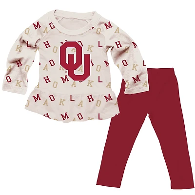 Girls Infant Wes & Willy Oatmeal Oklahoma Sooners Ruffle Raglan Long Sleeve T-Shirt Leggings Set