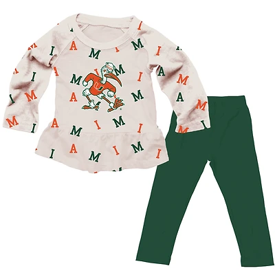 Girls Infant Wes & Willy Oatmeal Miami Hurricanes Ruffle Raglan Long Sleeve T-Shirt Leggings Set