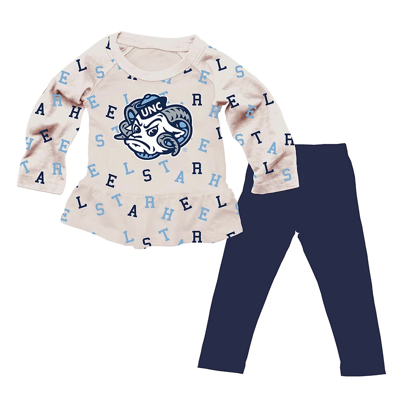 Girls Infant Wes & Willy Oatmeal North Carolina Tar Heels Ruffle Raglan Long Sleeve T-Shirt & Leggings Set