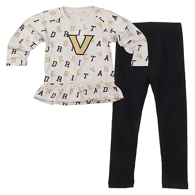 Girls Infant Wes & Willy Oatmeal Vanderbilt Commodores Ruffle Raglan Long Sleeve T-Shirt Leggings Set