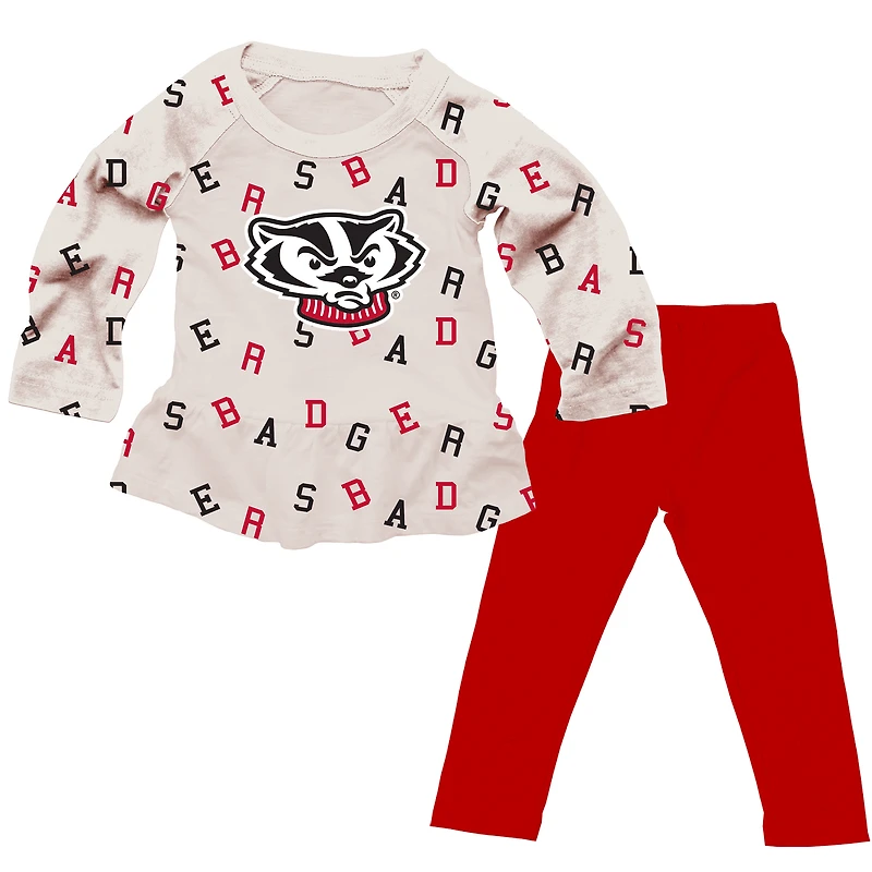 Girls Infant Wes & Willy Oatmeal Wisconsin Badgers Ruffle Raglan Long Sleeve T-Shirt Leggings Set