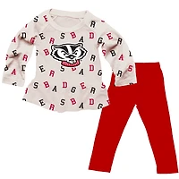 Girls Infant Wes & Willy Oatmeal Wisconsin Badgers Ruffle Raglan Long Sleeve T-Shirt Leggings Set