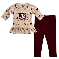 Girls Infant Wes & Willy Oatmeal Florida State Seminoles Ruffle Raglan Long Sleeve T-Shirt Leggings Set