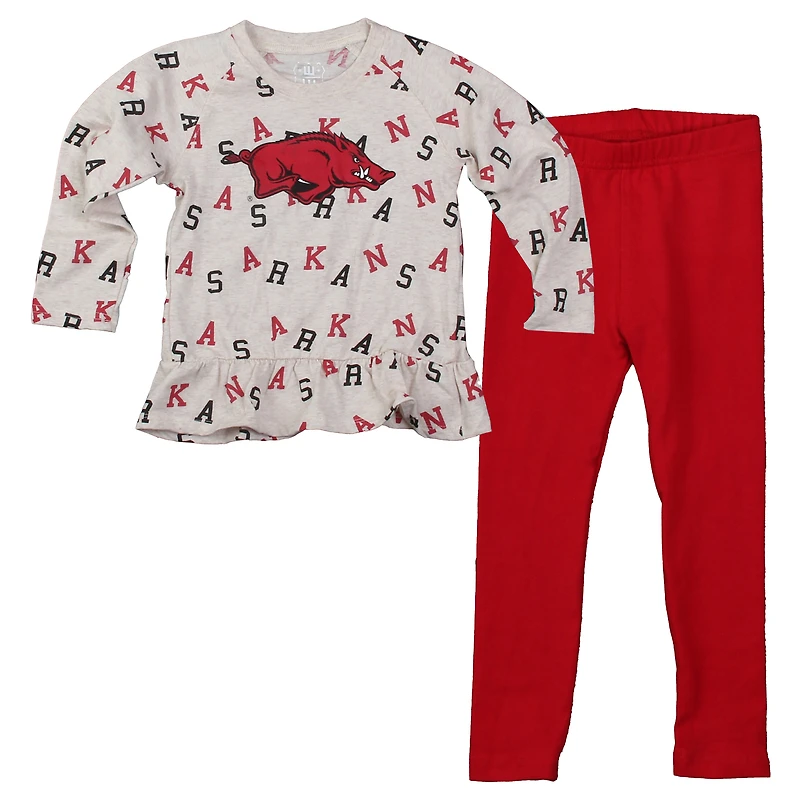 Girls Infant Wes & Willy Oatmeal Arkansas Razorbacks Ruffle Raglan Long Sleeve T-Shirt Leggings Set