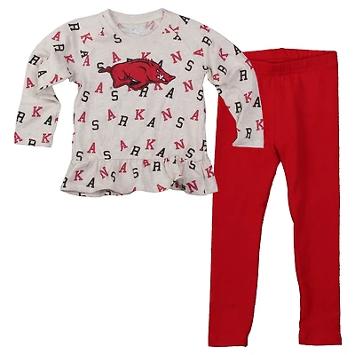 Girls Infant Wes & Willy Oatmeal Arkansas Razorbacks Ruffle Raglan Long Sleeve T-Shirt Leggings Set