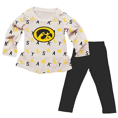 Girls Infant Wes & Willy Oatmeal Iowa Hawkeyes Ruffle Raglan Long Sleeve T-Shirt Leggings Set