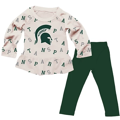 Girls Infant Wes & Willy Oatmeal Michigan State Spartans Ruffle Raglan Long Sleeve T-Shirt Leggings Set