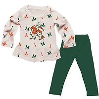 Girls Toddler Wes & Willy Oatmeal Miami Hurricanes Ruffle Raglan Long Sleeve T-Shirt Leggings Set