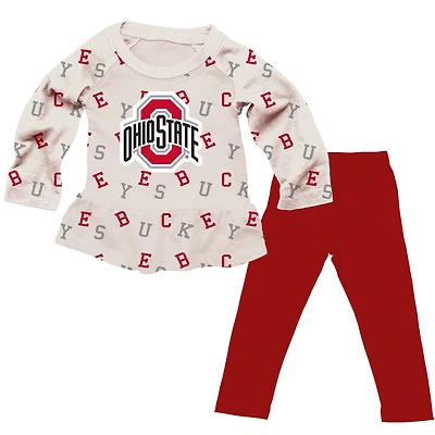 Girls Toddler Wes & Willy Oatmeal Ohio State Buckeyes Ruffle Raglan Long Sleeve T-Shirt & Leggings Set
