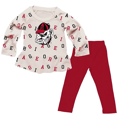 Girls Toddler Wes & Willy Oatmeal Georgia Bulldogs Ruffle Raglan Long Sleeve T-Shirt Leggings Set
