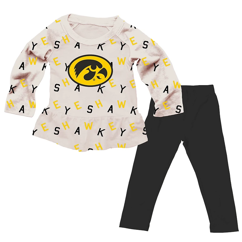 Girls Toddler Wes & Willy Oatmeal Iowa Hawkeyes Ruffle Raglan Long Sleeve T-Shirt Leggings Set