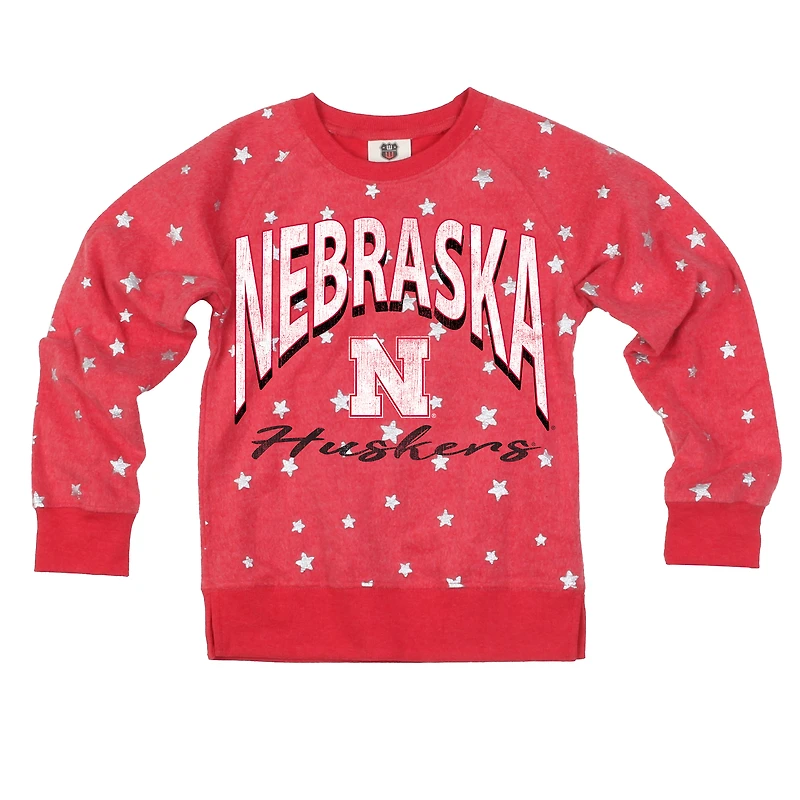Girls Youth Wes & Willy  Scarlet Nebraska Huskers Shimmer Star Reverse Sweatshirt