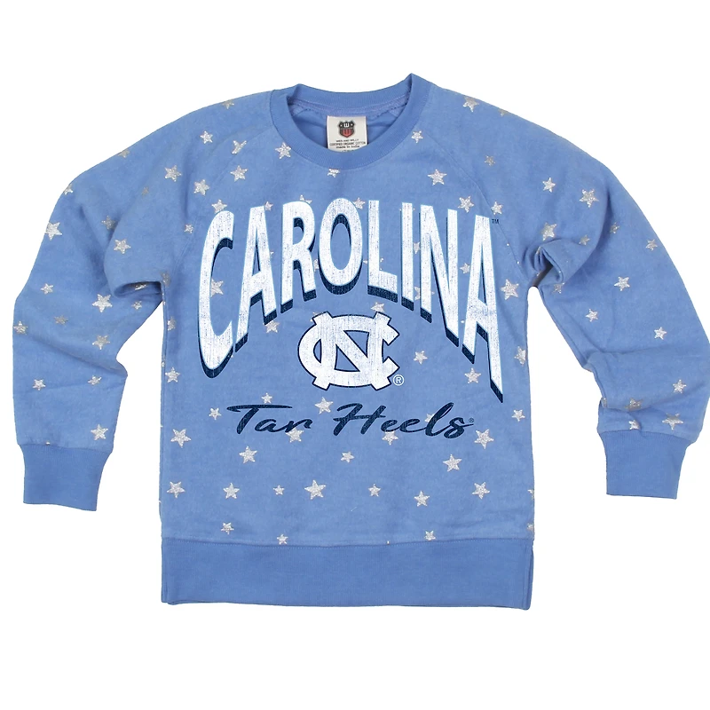 Girls Youth Wes & Willy Light Blue North Carolina Tar Heels Shimmer Star Reverse Sweatshirt