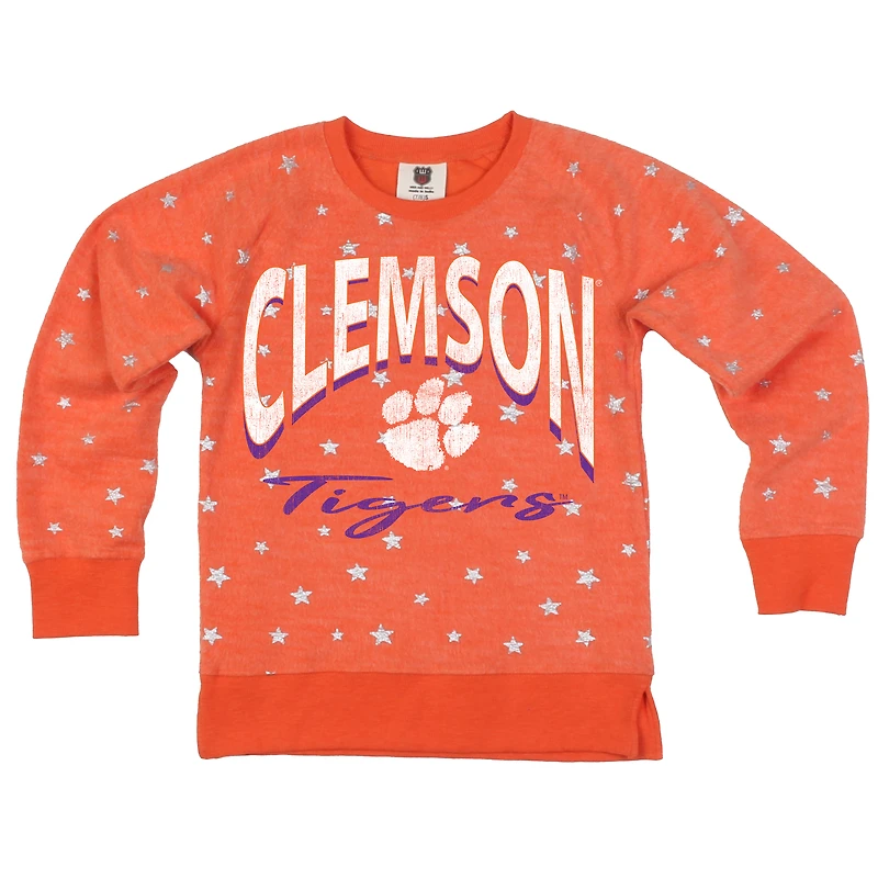 Girls Youth Wes & Willy Orange Clemson Tigers Shimmer Star Reverse Sweatshirt