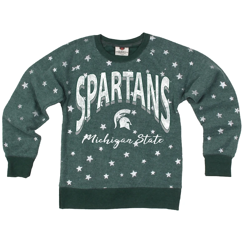 Girls Youth Wes & Willy Green Michigan State Spartans Shimmer Star Reverse Sweatshirt