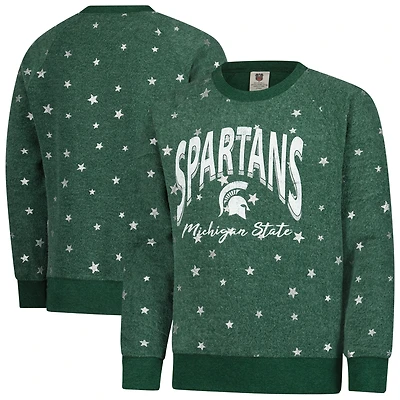 Girls Youth Wes & Willy  Green Michigan State Spartans Shimmer Star Reverse Fleece Pullover Sweatshirt
