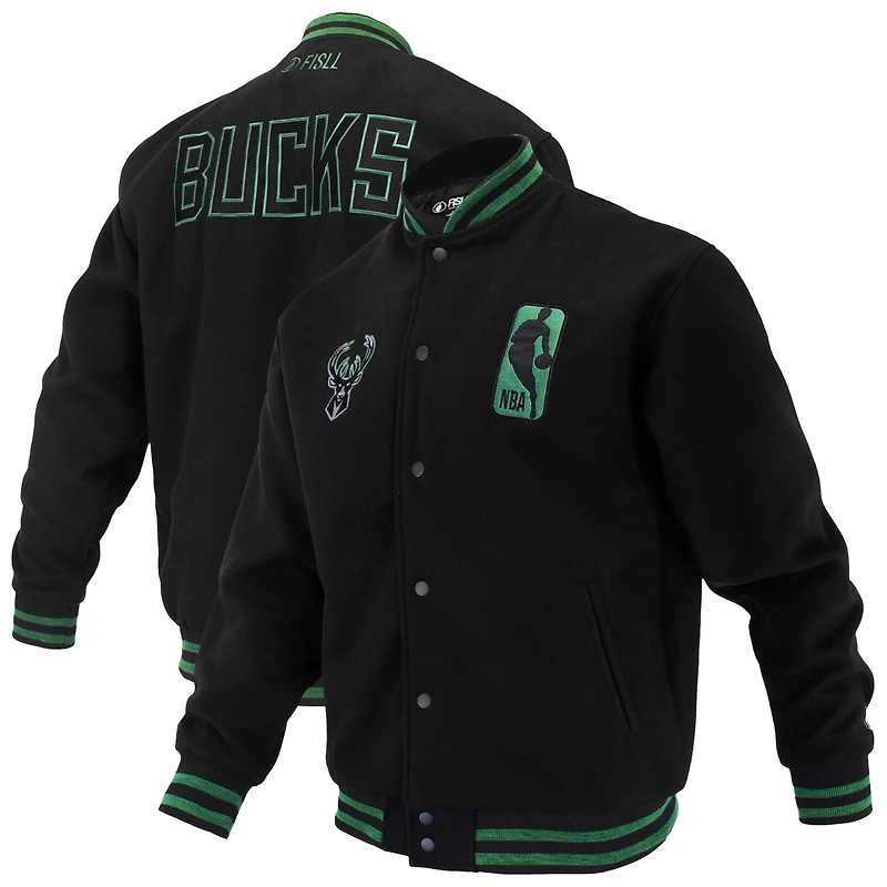 Unisex FISLL Black Milwaukee Bucks Logoman Shadow Collection Full-Snap Varsity Jacket