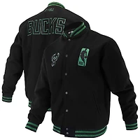 Unisex FISLL Black Milwaukee Bucks Logoman Shadow Collection Full-Snap Varsity Jacket