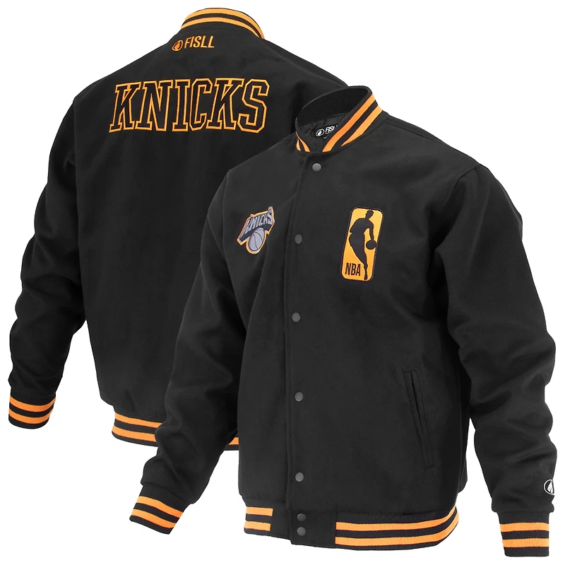 Unisex FISLL Black New York Knicks Logoman Shadow Collection Full-Snap Varsity Jacket
