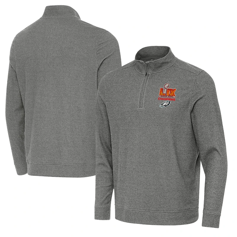 Men's Antigua Heather Black Philadelphia Eagles Super Bowl LIX Champions Subtle Quarter-Zip Pullover Top