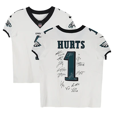 Philadelphia Eagles Super Bowl LIX Champions Autographed White Nike Jalen Hurts Vapor F.U.S.E. Elite Jersey with 15 Signatures - Limited Edition of 50