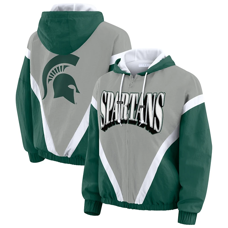 Women's WEAR by Erin Andrews Green/Gray Michigan State Spartans Colorblock Full-Zip Windbreaker Jacket