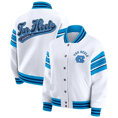 Women's WEAR by Erin Andrews White/Carolina Blue North Carolina Tar Heels Satin Stitch Full-Snap Fleece Sweatshirt Jacket