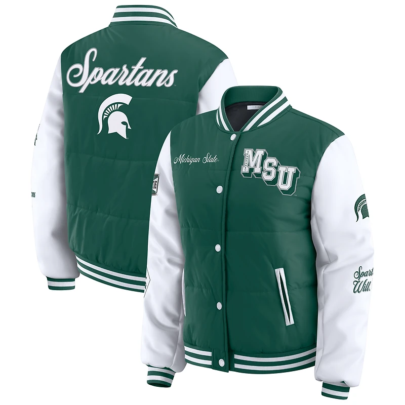 Women's WEAR by Erin Andrews Green Michigan State Spartans Varsity Puffer Jacket