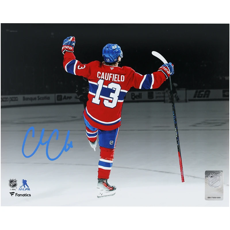 Cole Caufield Montreal Canadiens Autographed 8" x 10" Red Jersey Spotlight Celebration Photograph