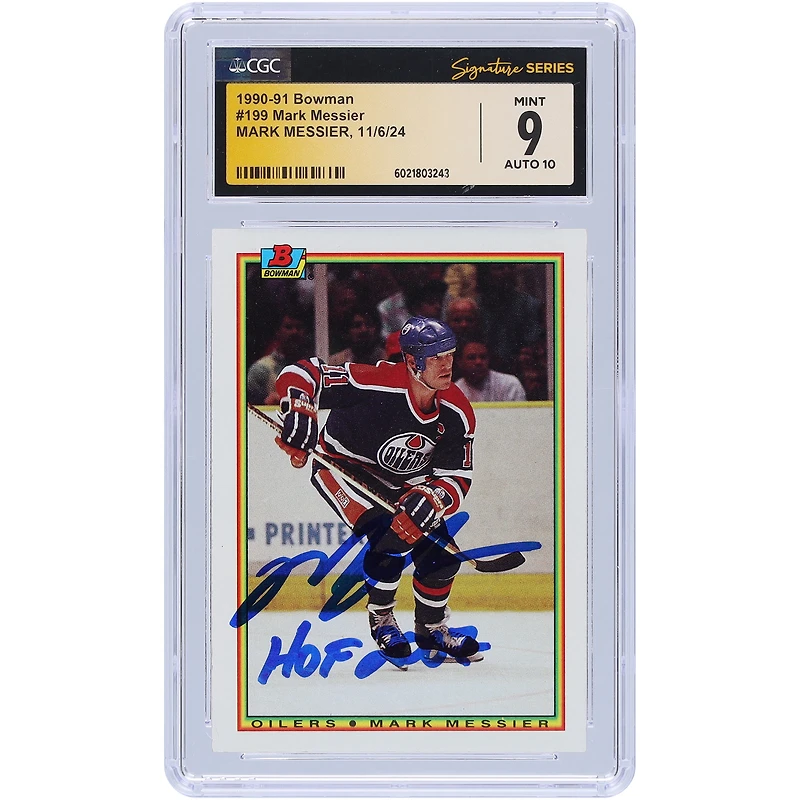 Mark Messier Edmonton Oilers Autographed 1990-91 Bowman #199 CGC Fanatics Witnessed Authenticated 9/10 Card with "HOF 2007" Inscription