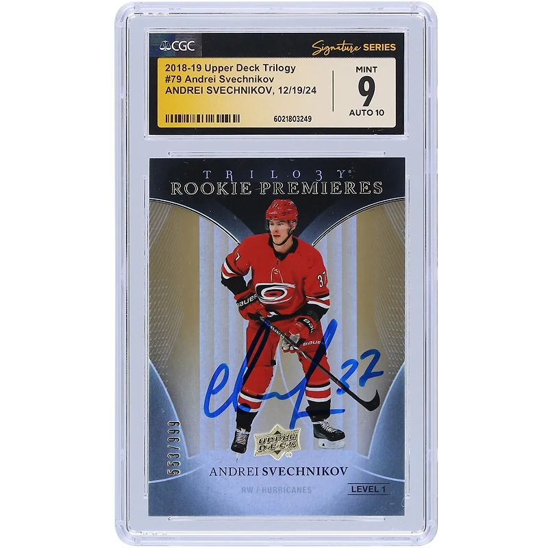 Andrei Svechnikov Carolina Hurricanes Autographed 2018-19 Upper Deck Trilogy #79 #/999 CGC Fanatics Witnessed Authenticated 9/10 Rookie Card