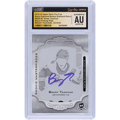 Brady Tkachuk Ottawa Senators Autographed 2018-19 Upper Deck The Cup Black Diamond Rookie Diamond Relic Black Printing Plate #BD-BDR-BT #1/1 CGC Fanatics Witnessed Authenticated Auto 10 Rookie Card