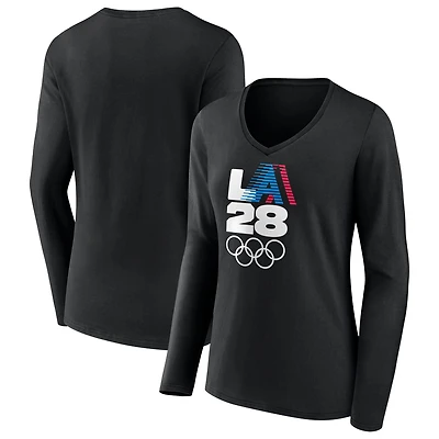Women's Black LA 2028 Summer Olympics Retro Stripe V-Neck Long Sleeve T-Shirt