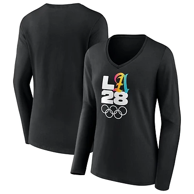 Women's Black LA 2028 Summer Olympics Gradient V-Neck Long Sleeve T-Shirt