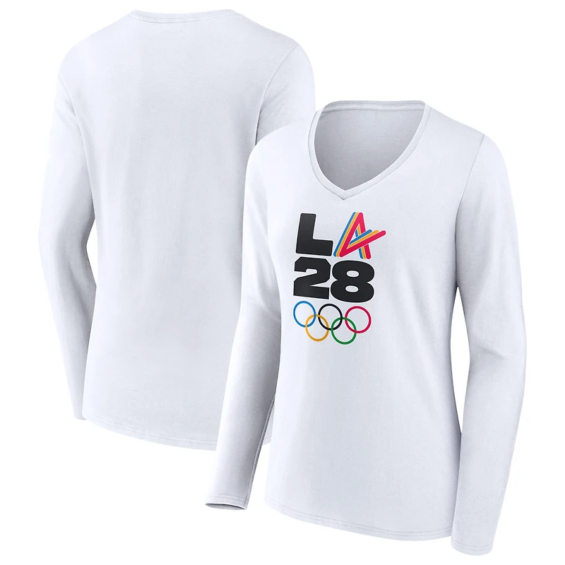 Women's White LA 2028 Summer Olympics Athlete Spirit V-Neck Long Sleeve T-Shirt