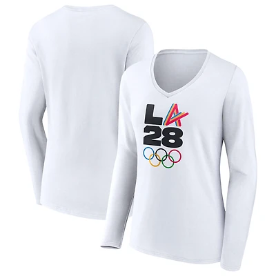 Women's White LA 2028 Summer Olympics Athlete Spirit V-Neck Long Sleeve T-Shirt