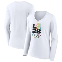 Women's White LA 2028 Summer Olympics Gradient V-Neck Long Sleeve T-Shirt