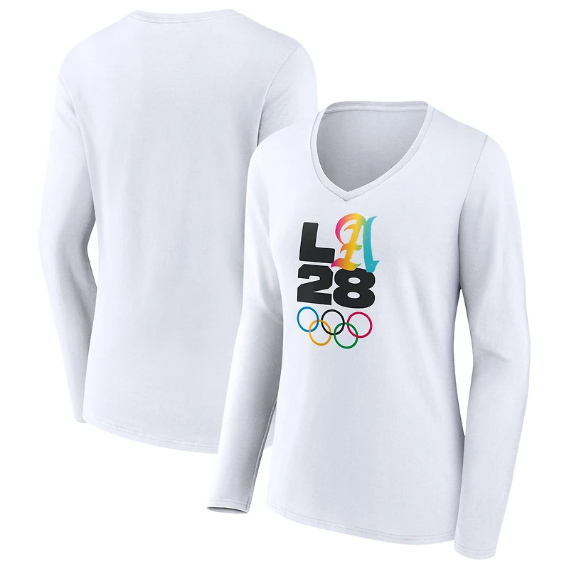 Women's White LA 2028 Summer Olympics Gradient V-Neck Long Sleeve T-Shirt