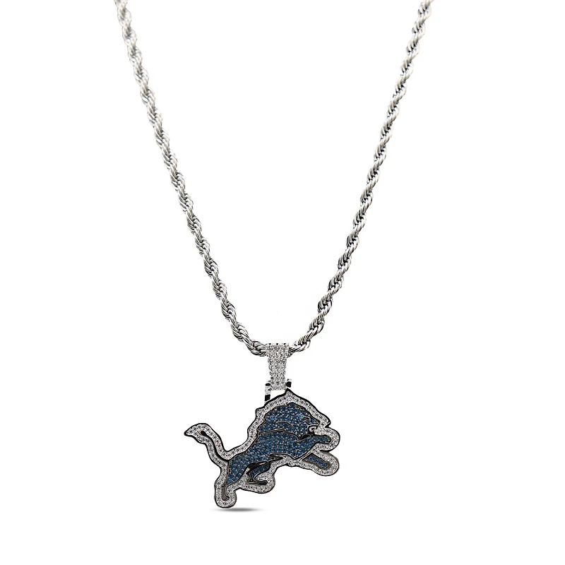 The GLD Shop Detroit Lions 14K White Gold Logo Pendant & Rope Chain