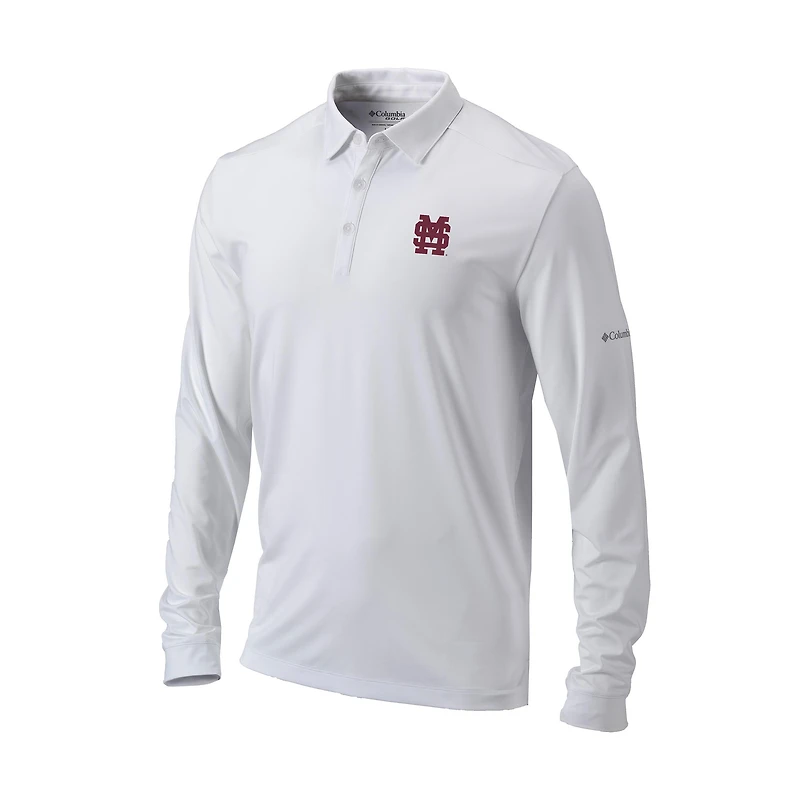 Men's Columbia White Mississippi State Bulldogs Omni-Wick Pin High Long Sleeve Polo