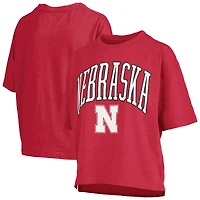 Women's Pressbox Scarlet Nebraska Huskers Nelson Arch Over Logo Waist Length Oversized Slub T-Shirt