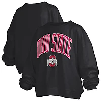 Women's Pressbox Black Ohio State Buckeyes Janise Arch Over Logo Waist Length Oversized Pullover Sweatshirt