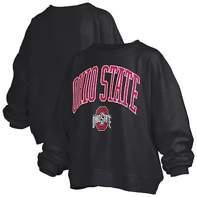 Women's Pressbox Black Ohio State Buckeyes Janise Arch Over Logo Waist Length Oversized Pullover Sweatshirt