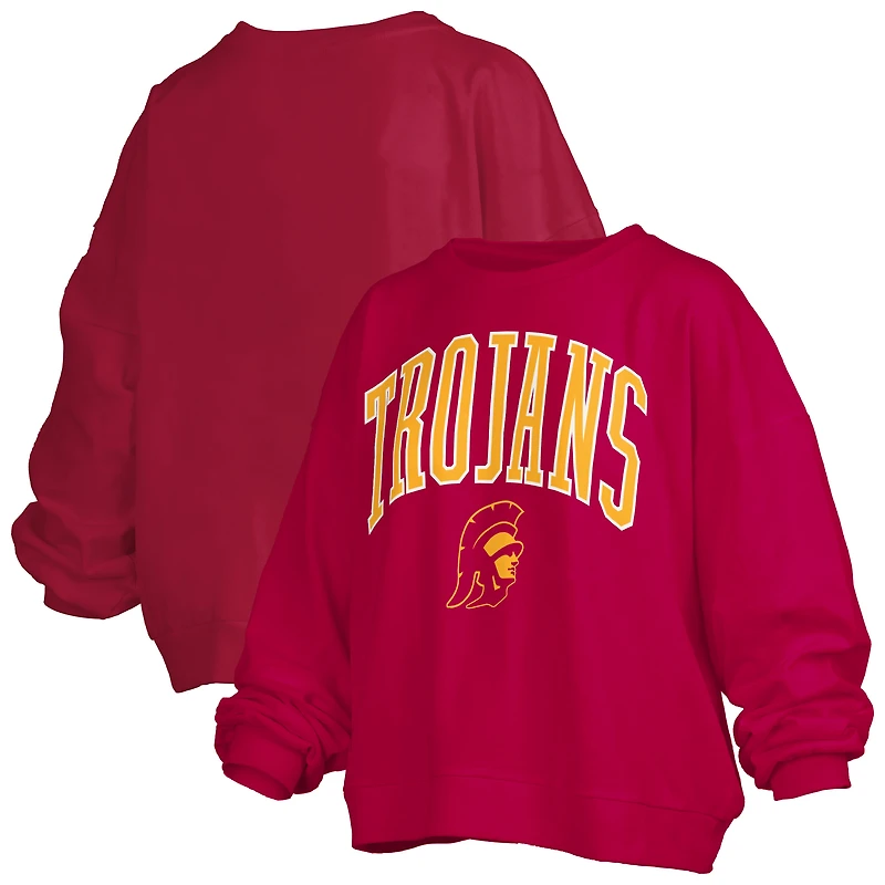 Women's Pressbox Cardinal USC Trojans Janise Arch Over Logo Waist Length Oversized Pullover Sweatshirt