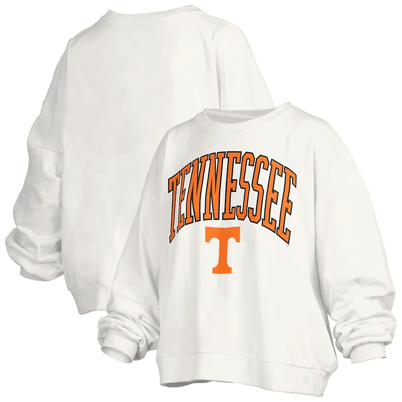 Women's Pressbox White Tennessee Volunteers Janise Arch Over Logo Waist Length Oversized Pullover Sweatshirt