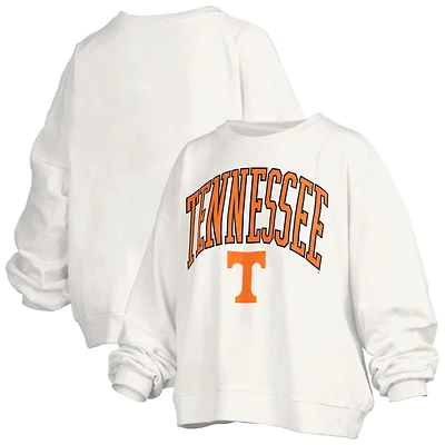 Women's Pressbox White Tennessee Volunteers Janise Arch Over Logo Waist Length Oversized Pullover Sweatshirt